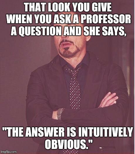 Are you kidding me?!?!? | THAT LOOK YOU GIVE WHEN YOU ASK A PROFESSOR A QUESTION AND SHE SAYS, "THE ANSWER IS INTUITIVELY OBVIOUS." | image tagged in memes,face you make robert downey jr,professor,obvious | made w/ Imgflip meme maker