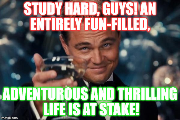 Leonardo Dicaprio Cheers Meme | STUDY HARD, GUYS! AN ENTIRELY FUN-FILLED, ADVENTUROUS AND THRILLING LIFE IS AT STAKE! | image tagged in memes,leonardo dicaprio cheers | made w/ Imgflip meme maker
