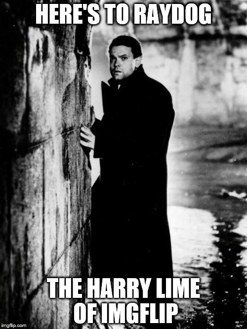 It's a reference to the movie "The Third Man" - if you haven't seen it check it out | HERE'S TO RAYDOG THE HARRY LIME OF IMGFLIP | image tagged in third man,raydog | made w/ Imgflip meme maker