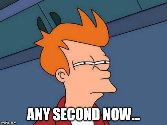 Futurama Fry Meme | ANY SECOND NOW... | image tagged in memes,futurama fry | made w/ Imgflip meme maker