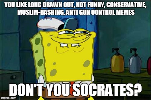 Don't You Squidward Meme | YOU LIKE LONG DRAWN OUT, NOT FUNNY, CONSERVATIVE, MUSLIM-BASHING, ANTI GUN CONTROL MEMES DON'T YOU SOCRATES? | image tagged in memes,dont you squidward | made w/ Imgflip meme maker