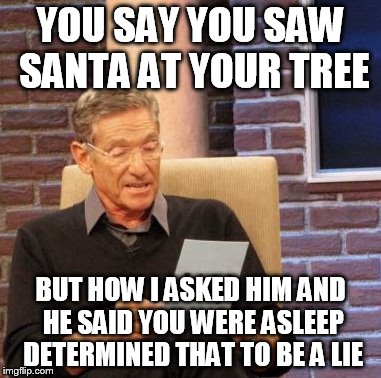 Maury Lie Detector | YOU SAY YOU SAW SANTA AT YOUR TREE BUT HOW I ASKED HIM AND HE SAID YOU WERE ASLEEP DETERMINED THAT TO BE A LIE | image tagged in memes,maury lie detector | made w/ Imgflip meme maker