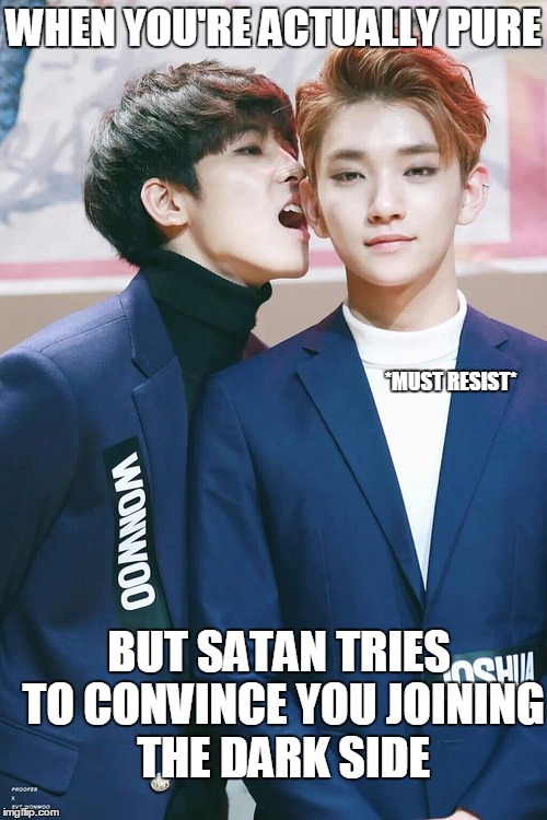 Holy Jisoos and Satanwoo | WHEN YOU'RE ACTUALLY PURE BUT SATAN TRIES TO CONVINCE YOU JOINING THE DARK SIDE *MUST RESIST* | image tagged in seventeen,wonwoo,joshua | made w/ Imgflip meme maker