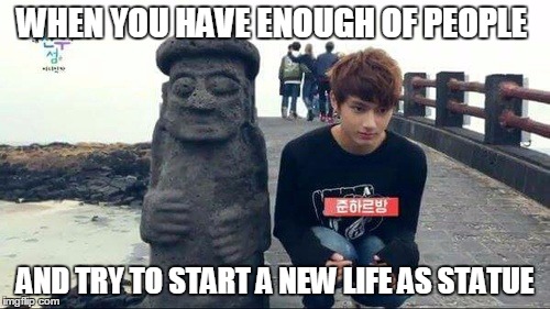 Jun trying to socialize with the marmor man | WHEN YOU HAVE ENOUGH OF PEOPLE AND TRY TO START A NEW LIFE AS STATUE | image tagged in seventeen,jun,junhui | made w/ Imgflip meme maker