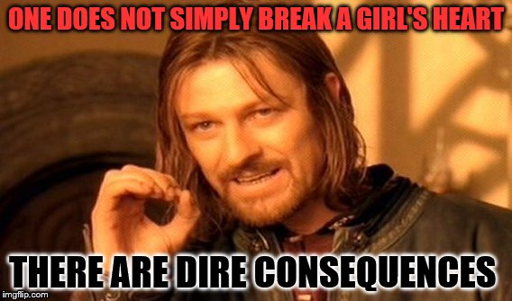 One Does Not Simply Meme | ONE DOES NOT SIMPLY BREAK A GIRL'S HEART THERE ARE DIRE CONSEQUENCES | image tagged in memes,one does not simply | made w/ Imgflip meme maker