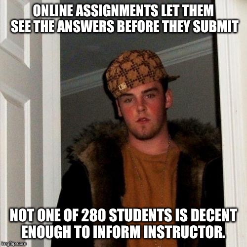 Scumbag Steve | ONLINE ASSIGNMENTS LET THEM SEE THE ANSWERS BEFORE THEY SUBMIT NOT ONE OF 280 STUDENTS IS DECENT ENOUGH TO INFORM INSTRUCTOR. | image tagged in memes,scumbag steve,AdviceAnimals | made w/ Imgflip meme maker