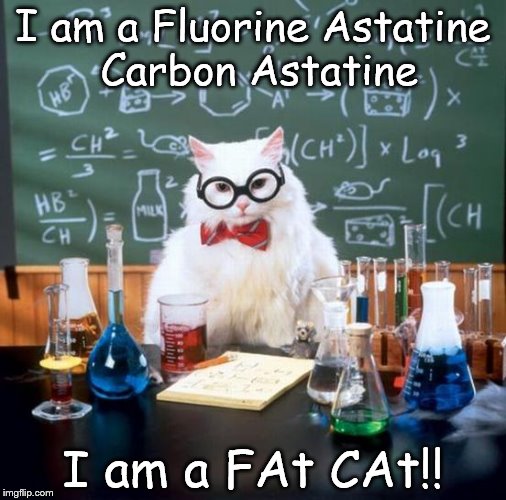 Chemistry Cat | I am a Fluorine Astatine Carbon Astatine I am a FAt CAt!! | image tagged in memes,chemistry cat,fluorine,astatine,carbon,elements | made w/ Imgflip meme maker