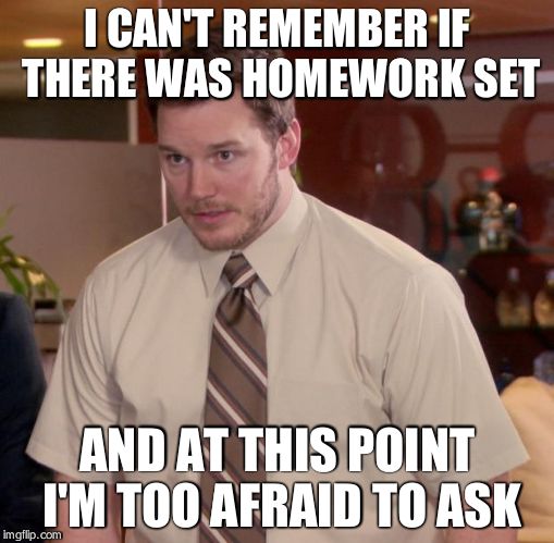Afraid To Ask Andy | I CAN'T REMEMBER IF THERE WAS HOMEWORK SET AND AT THIS POINT I'M TOO AFRAID TO ASK | image tagged in memes,afraid to ask andy | made w/ Imgflip meme maker