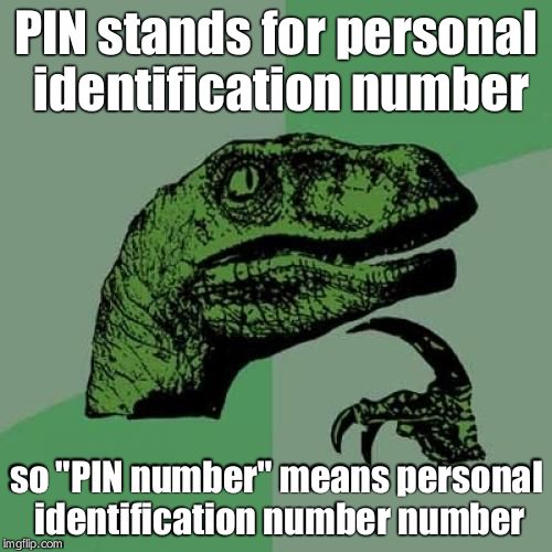 Philosoraptor Meme | PIN stands for personal identification number so "PIN number" means personal identification number number | image tagged in memes,philosoraptor | made w/ Imgflip meme maker
