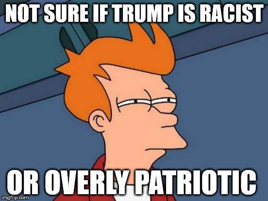 Futurama Fry | NOT SURE IF TRUMP IS RACIST OR OVERLY PATRIOTIC | image tagged in memes,futurama fry | made w/ Imgflip meme maker