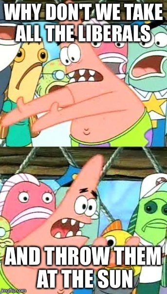 Put It Somewhere Else Patrick | WHY DON'T WE TAKE ALL THE LIBERALS AND THROW THEM AT THE SUN | image tagged in memes,put it somewhere else patrick | made w/ Imgflip meme maker