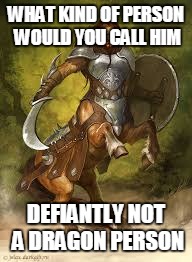 warrior centaur | WHAT KIND OF PERSON WOULD YOU CALL HIM DEFIANTLY NOT A DRAGON PERSON | image tagged in warrior centaur | made w/ Imgflip meme maker