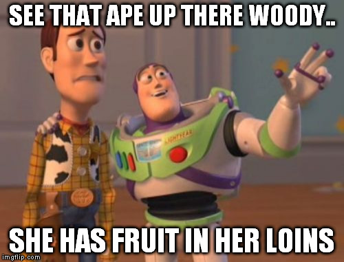 X, X Everywhere Meme | SEE THAT APE UP THERE WOODY.. SHE HAS FRUIT IN HER LOINS | image tagged in memes,x x everywhere | made w/ Imgflip meme maker
