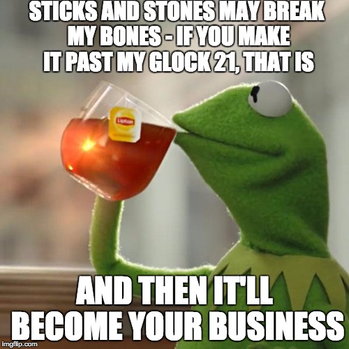 But That's None Of My Business Meme | STICKS AND STONES MAY BREAK MY BONES - IF YOU MAKE IT PAST MY GLOCK 21, THAT IS AND THEN IT'LL BECOME YOUR BUSINESS | image tagged in memes,but thats none of my business,kermit the frog | made w/ Imgflip meme maker