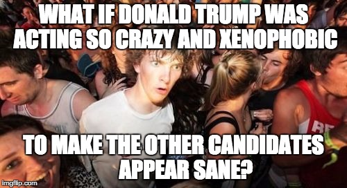 Sudden Clarity Clarence | WHAT IF DONALD TRUMP WAS ACTING SO CRAZY AND XENOPHOBIC TO MAKE THE OTHER CANDIDATES      APPEAR SANE? | image tagged in memes,sudden clarity clarence | made w/ Imgflip meme maker