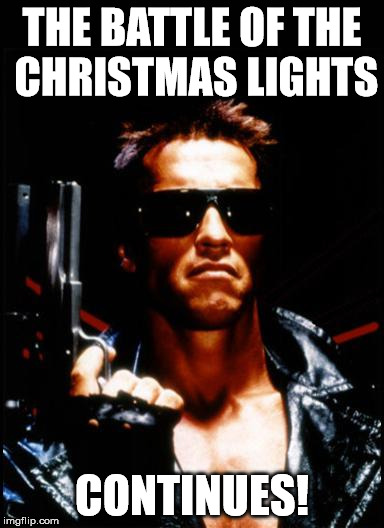 terminator arnold schwarzenegger | THE BATTLE OF THE CHRISTMAS LIGHTS CONTINUES! | image tagged in terminator arnold schwarzenegger | made w/ Imgflip meme maker