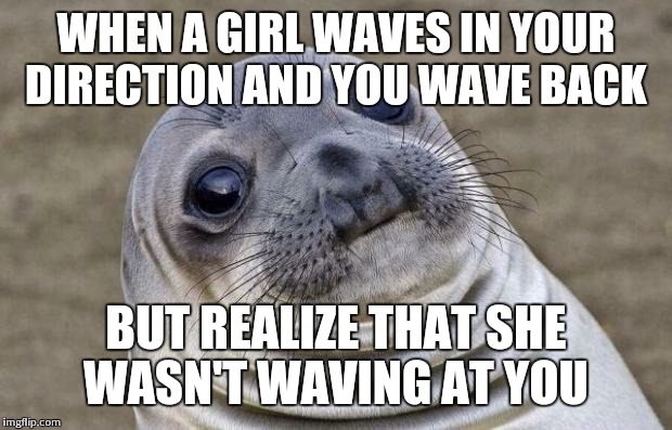 Awkward Moment Sealion | WHEN A GIRL WAVES IN YOUR DIRECTION AND YOU WAVE BACK BUT REALIZE THAT SHE WASN'T WAVING AT YOU | image tagged in memes,awkward moment sealion | made w/ Imgflip meme maker
