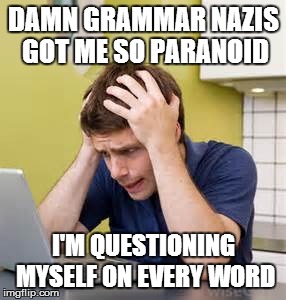 i be like damn grammar nazis | DAMN GRAMMAR NAZIS GOT ME SO PARANOID I'M QUESTIONING MYSELF ON EVERY WORD | image tagged in i be like damn grammar nazis | made w/ Imgflip meme maker