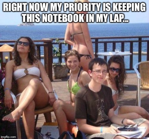 Priority Peter Meme | RIGHT NOW MY PRIORITY IS KEEPING THIS NOTEBOOK IN MY LAP... | image tagged in memes,priority peter | made w/ Imgflip meme maker