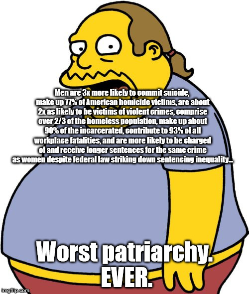 More than just a first-world problem. | Men are 3x more likely to commit suicide, make up 77% of American homicide victims, are about 2x as likely to be victims of violent crimes,  | image tagged in memes,comic book guy,men | made w/ Imgflip meme maker