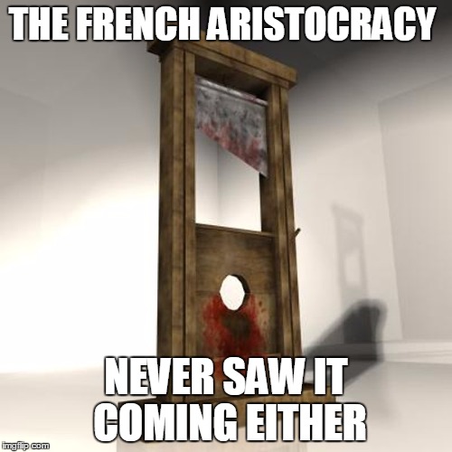 guillotine | THE FRENCH ARISTOCRACY NEVER SAW IT COMING EITHER | image tagged in guillotine | made w/ Imgflip meme maker