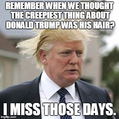 Donald Trump | REMEMBER WHEN WE THOUGHT THE CREEPIEST THING ABOUT DONALD TRUMP WAS HIS HAIR? I MISS THOSE DAYS. | image tagged in donald trump | made w/ Imgflip meme maker