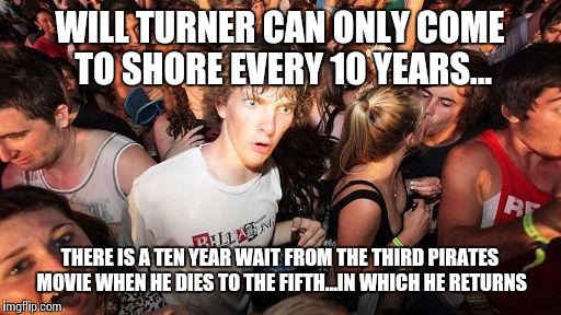 Sudden Clarity Clarence Guvernment | WILL TURNER CAN ONLY COME TO SHORE EVERY 10 YEARS... THERE IS A TEN YEAR WAIT FROM THE THIRD PIRATES MOVIE WHEN HE DIES TO THE FIFTH...IN WH | image tagged in sudden clarity clarence guvernment | made w/ Imgflip meme maker