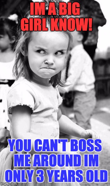 Angry Toddler Meme | IM A BIG GIRL KNOW! YOU CAN'T BOSS ME AROUND IM ONLY 3 YEARS OLD | image tagged in memes,angry toddler | made w/ Imgflip meme maker