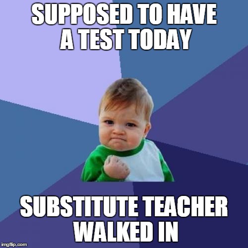 Success Kid Meme | SUPPOSED TO HAVE A TEST TODAY SUBSTITUTE TEACHER WALKED IN | image tagged in memes,success kid | made w/ Imgflip meme maker