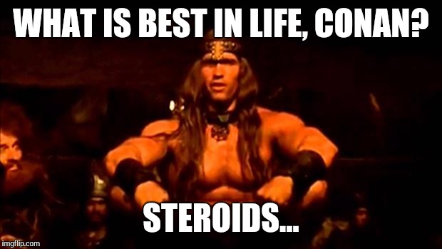 conan crush your enemies | WHAT IS BEST IN LIFE, CONAN? STEROIDS... | image tagged in conan crush your enemies | made w/ Imgflip meme maker