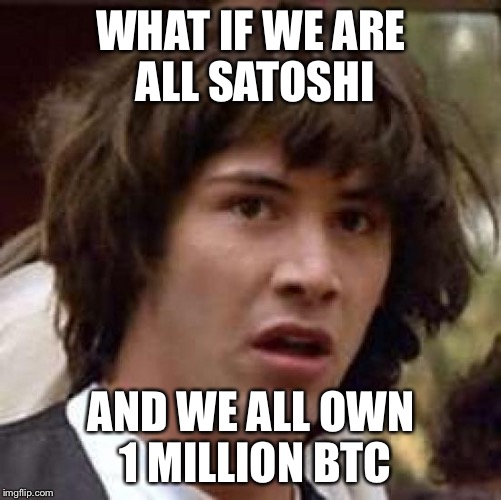 Conspiracy Keanu Meme | WHAT IF WE ARE ALL SATOSHI AND WE ALL OWN 1 MILLION BTC | image tagged in memes,conspiracy keanu | made w/ Imgflip meme maker