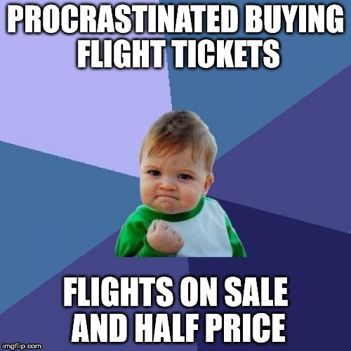 Success Kid Meme | PROCRASTINATED BUYING FLIGHT TICKETS FLIGHTS ON SALE AND HALF PRICE | image tagged in memes,success kid,AdviceAnimals | made w/ Imgflip meme maker