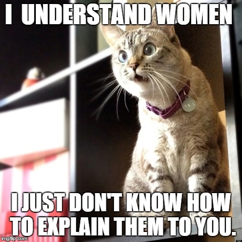 understanding women | I  UNDERSTAND WOMEN I JUST DON'T KNOW HOW TO EXPLAIN THEM TO YOU. | image tagged in women,cats,understanding | made w/ Imgflip meme maker
