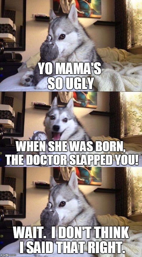 "I'm Bad at Puns" Dog (new template) tries to tell us a Yo Mama joke...  disaster!  | YO MAMA'S SO UGLY WAIT.  I DON'T THINK I SAID THAT RIGHT. WHEN SHE WAS BORN, THE DOCTOR SLAPPED YOU! | image tagged in i'm bad at puns dog,i'm bad at puns dog 2,yo mama,memes,funny,custom template | made w/ Imgflip meme maker