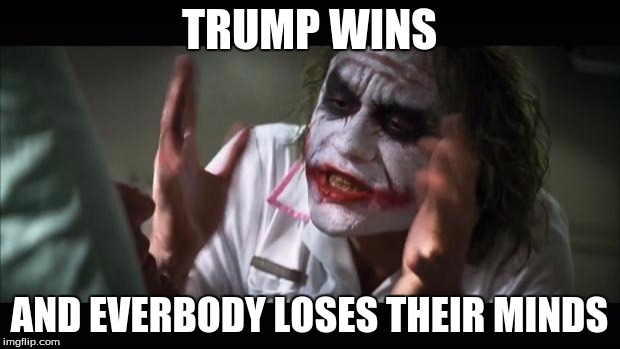 And everybody loses their minds | TRUMP WINS AND EVERBODY LOSES THEIR MINDS | image tagged in memes,and everybody loses their minds | made w/ Imgflip meme maker