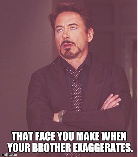 Face You Make Robert Downey Jr | THAT FACE YOU MAKE WHEN YOUR BROTHER EXAGGERATES. | image tagged in memes,face you make robert downey jr | made w/ Imgflip meme maker