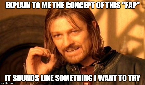 One Does Not Simply Meme | EXPLAIN TO ME THE CONCEPT OF THIS "FAP" IT SOUNDS LIKE SOMETHING I WANT TO TRY | image tagged in memes,one does not simply | made w/ Imgflip meme maker