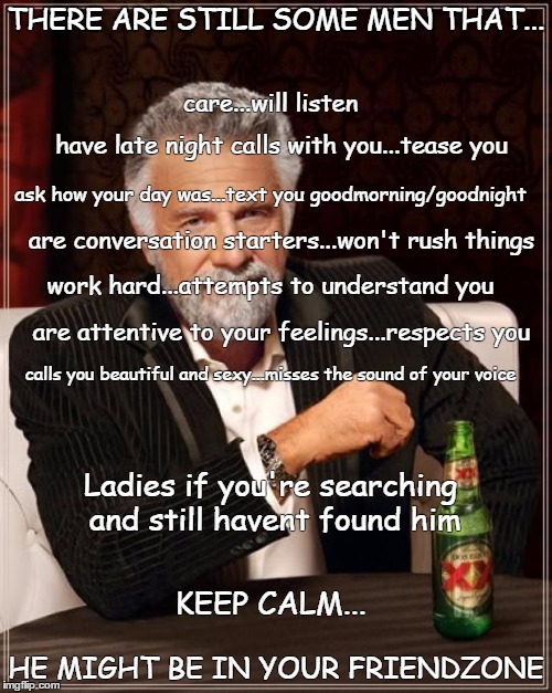 The Most Interesting Man In The World | THERE ARE STILL SOME MEN THAT... HE MIGHT BE IN YOUR FRIENDZONE care...will listen have late night calls with you...tease you ask how your d | image tagged in memes,the most interesting man in the world | made w/ Imgflip meme maker
