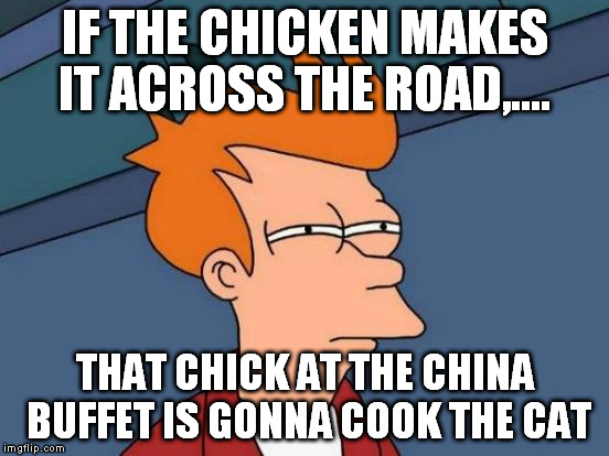 Futurama Fry Meme | IF THE CHICKEN MAKES IT ACROSS THE ROAD,.... THAT CHICK AT THE CHINA BUFFET IS GONNA COOK THE CAT | image tagged in memes,futurama fry | made w/ Imgflip meme maker