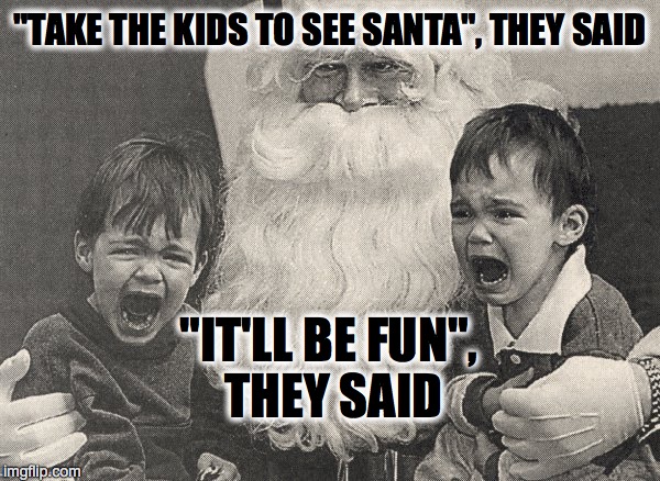 Happy Holidays! | "TAKE THE KIDS TO SEE SANTA", THEY SAID "IT'LL BE FUN", THEY SAID | image tagged in santa,christmas,creepy smile,upvotes | made w/ Imgflip meme maker