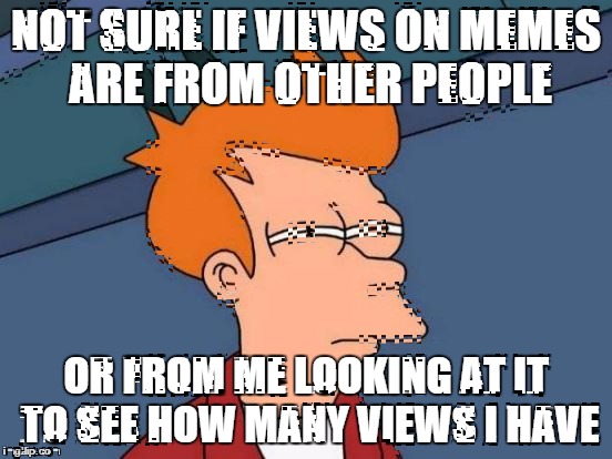 Futurama Fry | NOT SURE IF VIEWS ON MEMES ARE FROM OTHER PEOPLE OR FROM ME LOOKING AT IT TO SEE HOW MANY VIEWS I HAVE | image tagged in memes,futurama fry | made w/ Imgflip meme maker