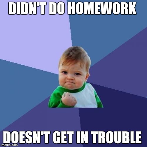 Success Kid | DIDN'T DO HOMEWORK DOESN'T GET IN TROUBLE | image tagged in memes,success kid | made w/ Imgflip meme maker