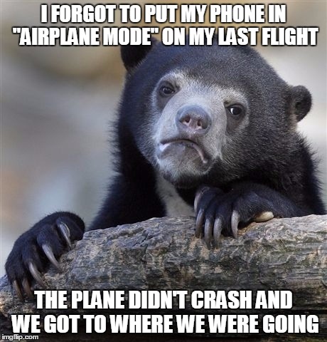 What difference, at this point, does it make? | I FORGOT TO PUT MY PHONE IN "AIRPLANE MODE" ON MY LAST FLIGHT THE PLANE DIDN'T CRASH AND WE GOT TO WHERE WE WERE GOING | image tagged in memes,confession bear,cell phone,airplane mode | made w/ Imgflip meme maker
