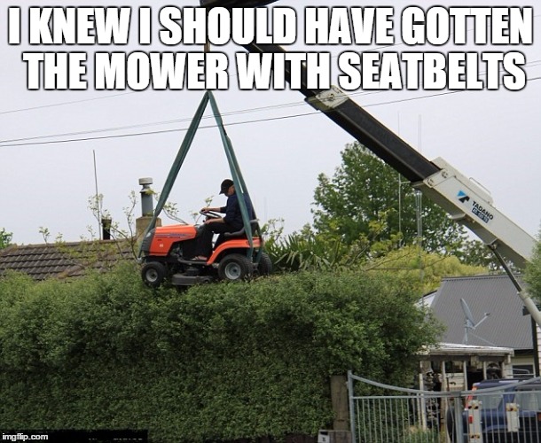 why even use the steering wheel? | I KNEW I SHOULD HAVE GOTTEN THE MOWER WITH SEATBELTS | image tagged in lawnmower | made w/ Imgflip meme maker