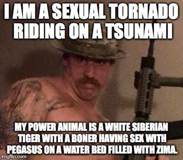 I AM A SEXUAL TORNADO RIDING ON A TSUNAMI MY POWER ANIMAL IS A WHITE SIBERIAN TIGER WITH A BONER HAVING SEX WITH PEGASUS ON A WATER BED FILL | made w/ Imgflip meme maker
