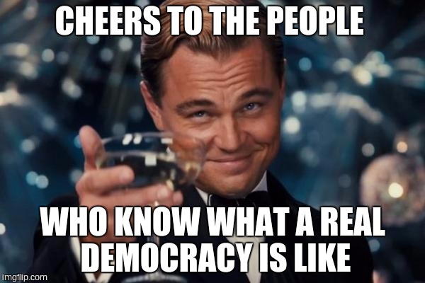 Leonardo Dicaprio Cheers Meme | CHEERS TO THE PEOPLE WHO KNOW WHAT A REAL DEMOCRACY IS LIKE | image tagged in memes,leonardo dicaprio cheers | made w/ Imgflip meme maker