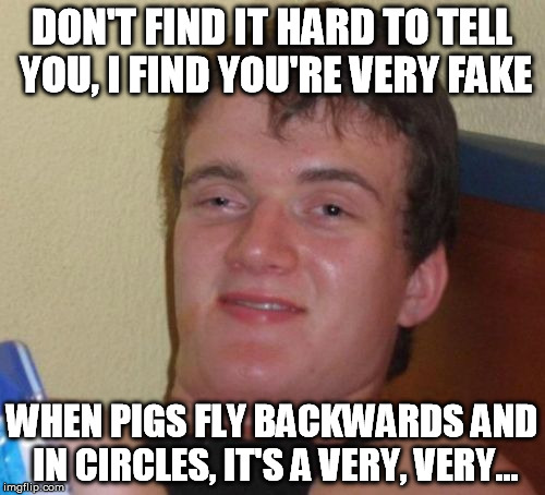 10 Guy Meme | DON'T FIND IT HARD TO TELL YOU, I FIND YOU'RE VERY FAKE WHEN PIGS FLY BACKWARDS AND IN CIRCLES, IT'S A VERY, VERY... | image tagged in memes,10 guy | made w/ Imgflip meme maker