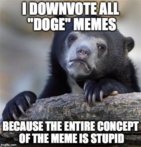 Confession Bear | I DOWNVOTE ALL "DOGE" MEMES BECAUSE THE ENTIRE CONCEPT OF THE MEME IS STUPID | image tagged in memes,confession bear | made w/ Imgflip meme maker
