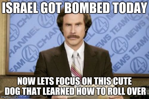 Ron Burgundy | ISRAEL GOT BOMBED TODAY NOW LETS FOCUS ON THIS CUTE DOG THAT LEARNED HOW TO ROLL OVER | image tagged in memes,ron burgundy | made w/ Imgflip meme maker