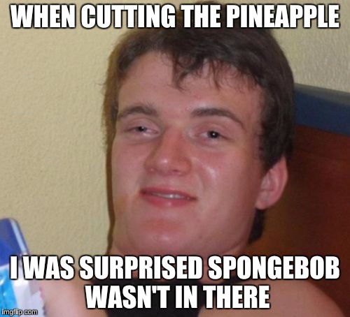 10 Guy Meme | WHEN CUTTING THE PINEAPPLE I WAS SURPRISED SPONGEBOB WASN'T IN THERE | image tagged in memes,10 guy | made w/ Imgflip meme maker